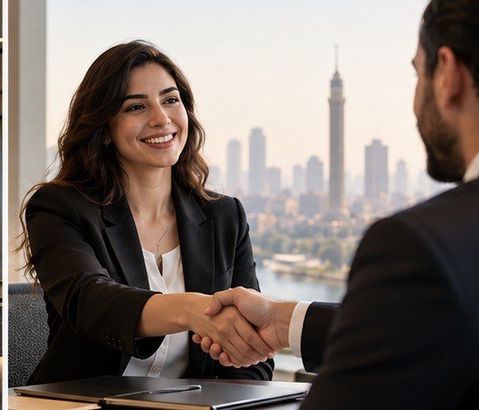 Two professionals shaking hands in a Cairo office