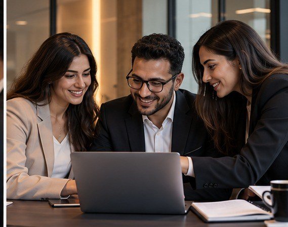 A team reviewing a business system on a laptop